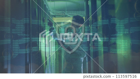 Image of chain and data processing over asian male it engineer by computer servers Image of chain and data processing over asian male it engineer by computer servers 113597516