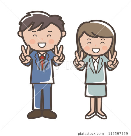 Full-body illustration of male and female businessmen making double peace signs with smiles 113597559
