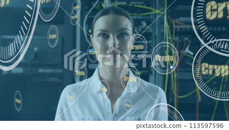 Image of crypto text and data processing over caucasian female it engineer by computer servers Image of crypto text and data processing over caucasian female it engineer by computer servers 113597596