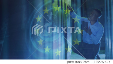 Image of eu flag over african american man using tablet in server room Image of eu flag over african american man using tablet in server room 113597623