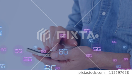 Image of 6g texts over caucasian man using smartphone 113597628