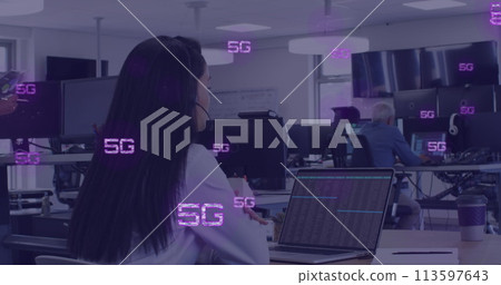 Image of 5g texts over asian woman using phone headset 113597643