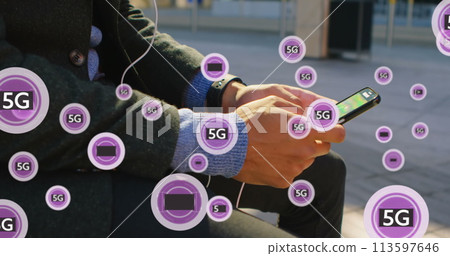 Image of 5g texts over caucasian businessman using smartphone 113597646