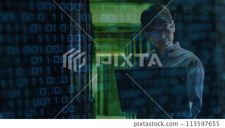 Image of data processing over caucasian woman using tablet inserver room Image of data processing over caucasian woman using tablet inserver room 113597655