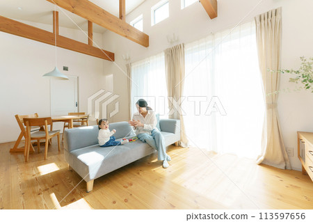 父母和孩子在家放鬆 113597656