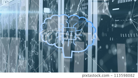 Image of ai data processing and networks over computer server room 113598082