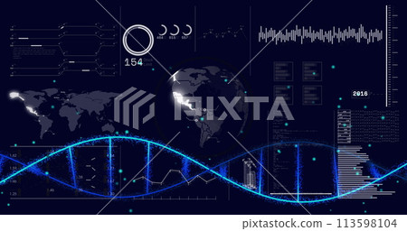 Image of ai data processing over dna strand and dark background Image of ai data processing over dna strand and dark background 113598104