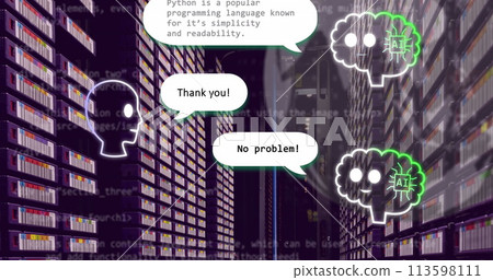 Image of ai chat and globe over computer server room 113598111