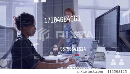 Image of connections with icons and numbers over diverse business people in office 113598125