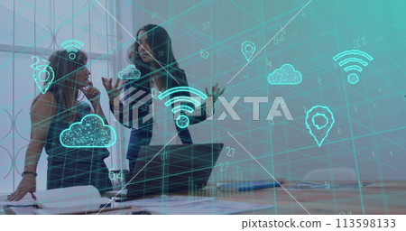 Image of data processing with wifi and cloud icons over diverse business people in office Image of data processing with wifi and cloud icons over diverse business people in office 113598133