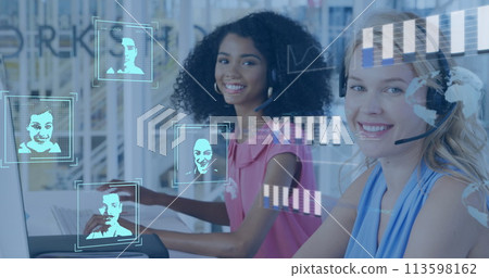 Image of biometric photos and data over diverse business people in office 113598162
