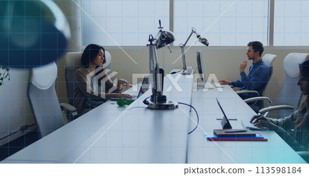 Image of scope scanning and data processing over diverse business people in office 113598184