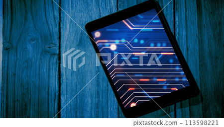Image of tablet with data processing on blue background Image of tablet with data processing on blue background 113598221