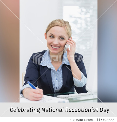 Composition of celebrating national receptionist day text over caucasian woman using smartphone Composition of celebrating national receptionist day text over caucasian woman using smartphone 113598222