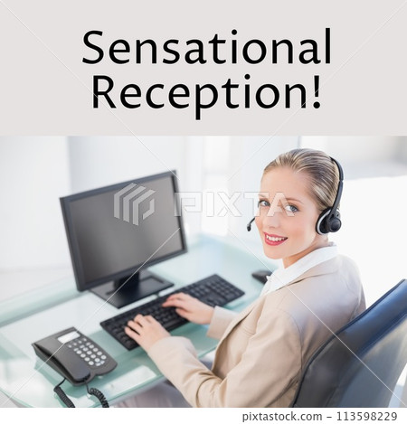Composition of sensational reception text over caucasian businesswoman using phone headset 113598229