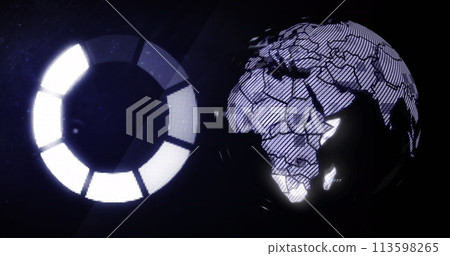 Image of scope and globe with data processing over black background Image of scope and globe with data processing over black background 113598265