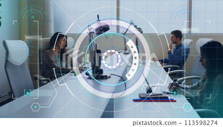 Image of scope scanning and data processing over diverse business people in office Image of scope scanning and data processing over diverse business people in office 113598274