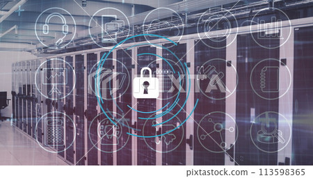 Image of data processing and padlock over server room 113598365