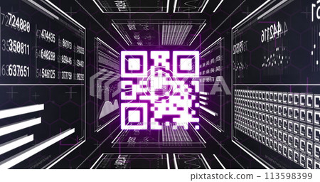Image of data processing and qr code over black background Image of data processing and qr code over black background 113598399