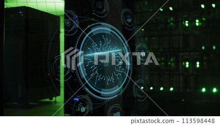Image of data processing and padlock over server room Image of data processing and padlock over server room 113598448