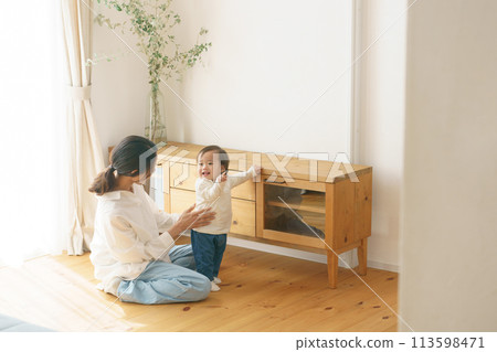 mother playing with baby in living room 113598471