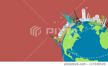 世界遺產和地球裝飾的旅遊廣告背景範本（紅色） 113598520