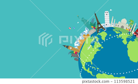 Travel advertising background template decorated with world heritage sites and globe (blue) Travel advertising background template decorated with world heritage sites and globe (blue) 113598521