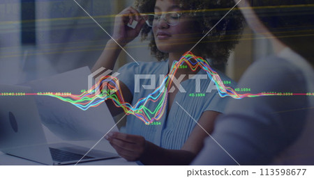 Image of data processing over diverse business people in office Image of data processing over diverse business people in office 113598677