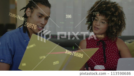 Image of data processing over biracial business people in office 113598686