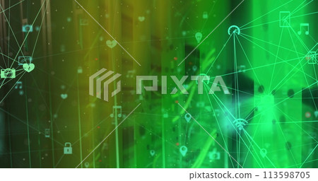 Image of shapes moving and media icons over server room 113598705