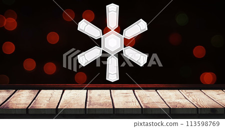 Image of snowflake christmas decorations on red spots and wooden surface background 113598769