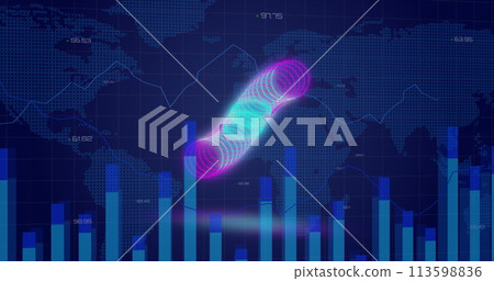 Image of circles over digital screen with financial graphs and world map 113598836