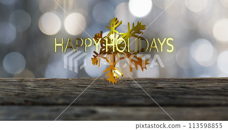 Image of happy holidays text over christmas snow flakes on spot lights background 113598855