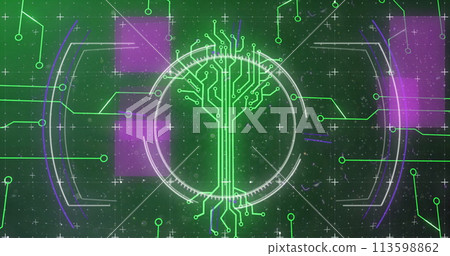 Image of integrated circuit over data processing on digital screen with circles and glitch Image of integrated circuit over data processing on digital screen with circles and glitch 113598862