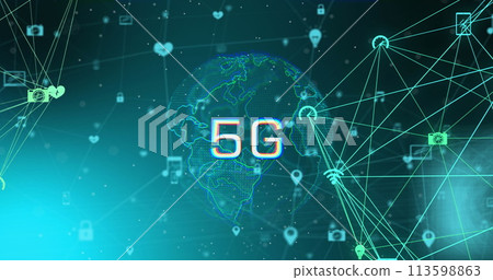 Image of 5g over globe, connections data and digital screen Image of 5g over globe, connections data and digital screen 113598863