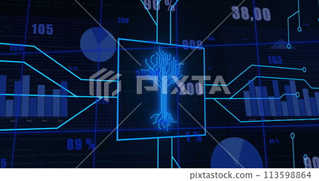 Image of integrated circuit over data and graphs on digital screen Image of integrated circuit over data and graphs on digital screen 113598864