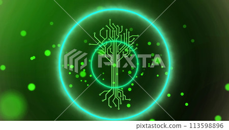 Image of neon circles over integrated circuit and dots in digital space Image of neon circles over integrated circuit and dots in digital space 113598896