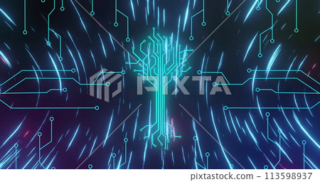 Image of integrated circuit over lights in black digital space Image of integrated circuit over lights in black digital space 113598937