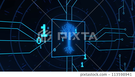 Image of binary code and integrated circuit in black digital space 113598941