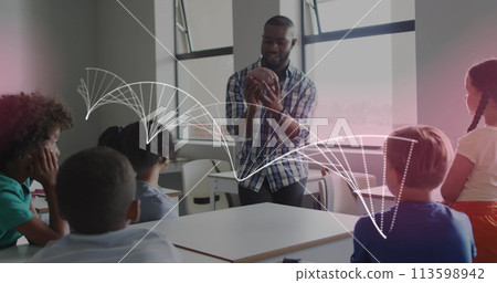 Image of dna strand over happy african american teacher with brain model and children in class 113598942