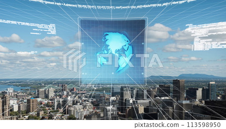 A futuristic holographic display of Earth hovers above a city skyline 113598950