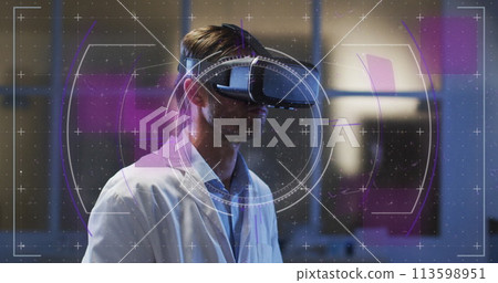 Image of data processing over man using vr headset 113598951