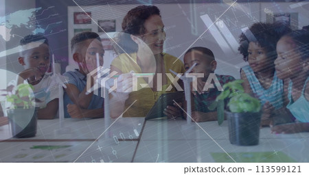 Image of data processing over happy diverse female teacher and pupils with wind turbines 113599121
