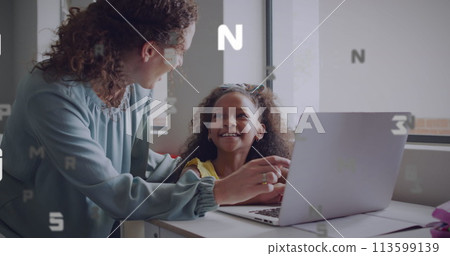 Image of data processing over happy diverse female teacher and schoolgirl using laptop in class Image of data processing over happy diverse female teacher and schoolgirl using laptop in class 113599139