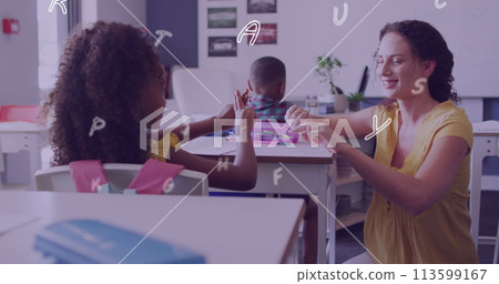 Image of letters floating over happy diverse female teacher and schoolgirl signing in class 113599167