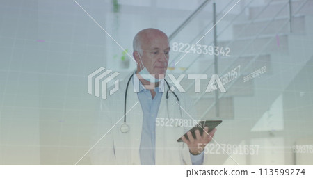 Image of data processing over caucasian male doctor with tablet 113599274