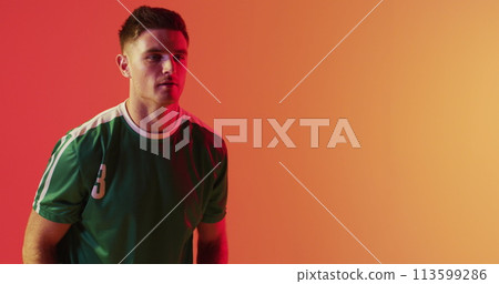 Image of caucasian male soccer player over confetti Image of caucasian male soccer player over confetti 113599286