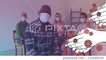 Image of hands over diverse group of seniors with face masks Image of hands over diverse group of seniors with face masks 113599319