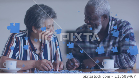 Image of puzzle over senior african american couple talking 113599467
