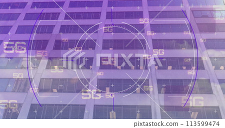 Image of 5g text, scope scanning and data processing over modern building 113599474